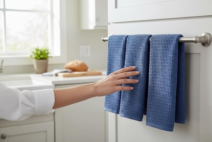 Serafina Home Waffle Blue Kitchen Dish Towels 100% Cotton Cloth Soft Cleaning Drying Absorbent Terry Box Loop: Set of 3 Multipurpose for Everyday Use, 18" x 28" (Blue Box)