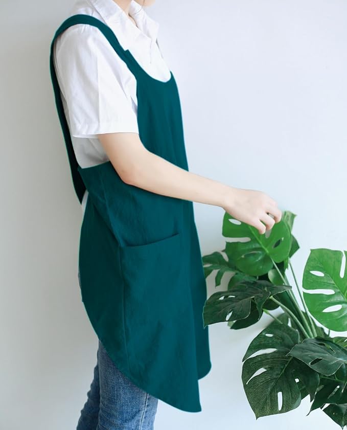 NEWGEM Japanese Cotton Linen Cross Back Cooking Apron for Women Men with Pockets Cute for Baking Kitchen