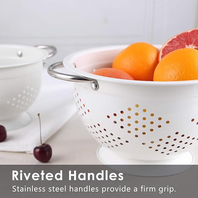 Rorence Powder Coated Steel Colanders: 1.5 Quart 3 Quart & 5 Quart Set of 3 - White