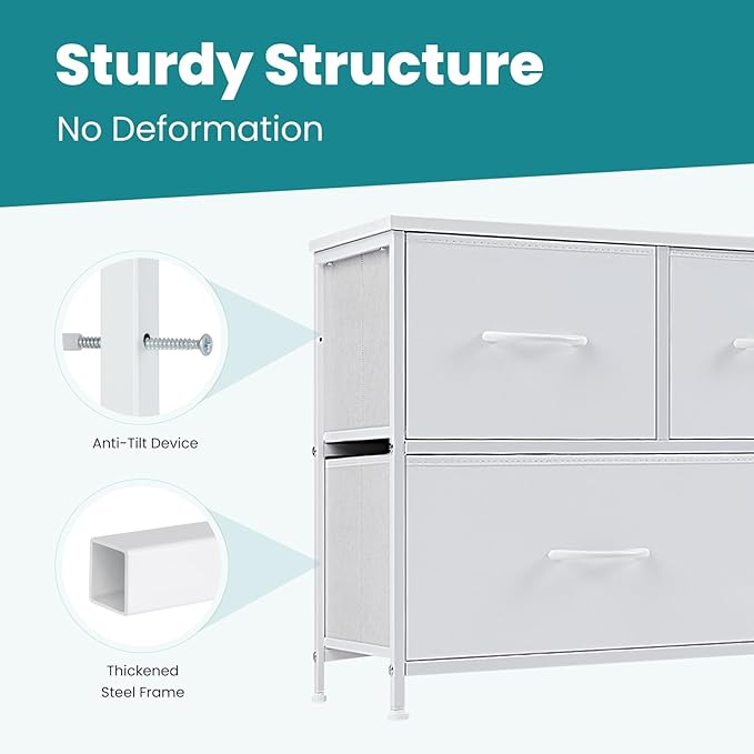 OLIXIS Dresser for Bedroom with 5 Drawers, Wide Chest of Drawers, Fabric Bedroom Dresser with Drawer Organizers, Storage Organizer Unit with Fabric Bins for Closet, Living Room, Hallway, Classic White