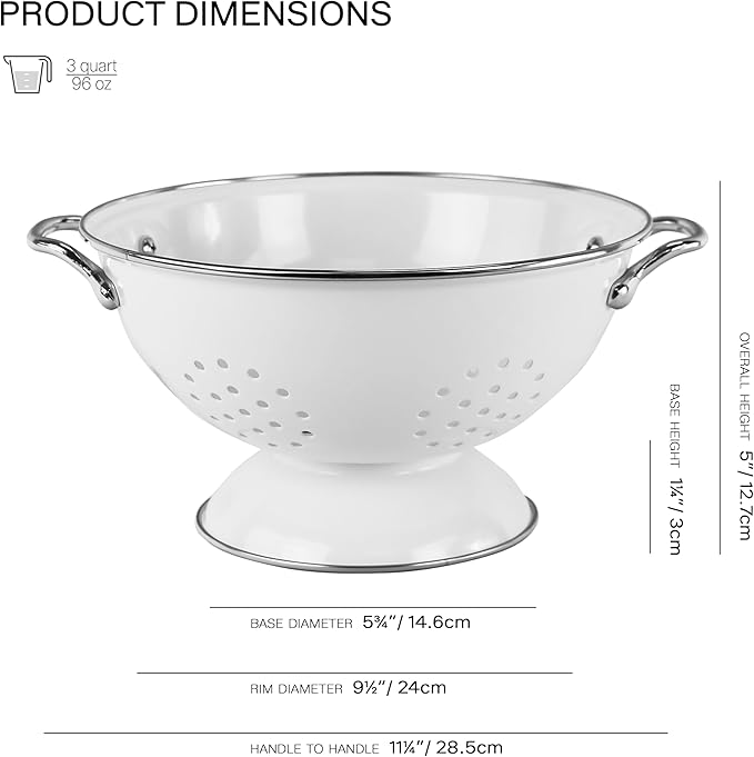 Reston Lloyd, 3 Quart Powder Coated Steel Kitchen Strainer Basket for draining Pasta, Vegetable and Fruit, Chrome Handles and Wide Stable Base, White