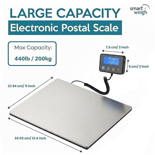Smart Weigh Digital Postal Shipping Scale, Heavy Duty Wide Platform, 440 lb Capacity, 2 oz Readability, Hold & Tare Function, Includes Batteries & USB-C