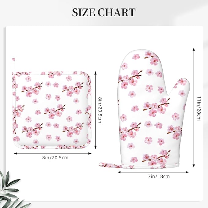 Pink Cherry Blossom Oven Mitts and Pot Holders 4 pcs Set Silicone Watercolor Flowers Blooming Branches Floral Kitchen Oven Mitt Gloves Pot Holders Non-Slip Heat Resistant Cooking Mitts Set