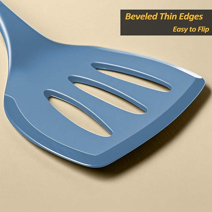 Silicone Pancake Spatula Turner with Lengthened Handle& Seamless Design, Heat Resistant Slotted Flipper for Nonstick Cookware, Large Flexible Kitchen Utensils for Egg, Pancake, Burger, Slotted Blue