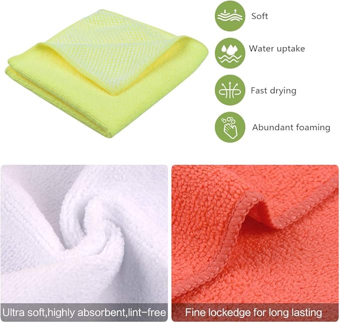 SINLAND 5 Color Assorted Microfiber Dish Cloth Best Kitchen Cloths Cleaning Cloths with Poly Scour Side 12Inchx12Inch 20 Pack (Pinkx4+bluex4+whitex4+yellowx4+greenx4)