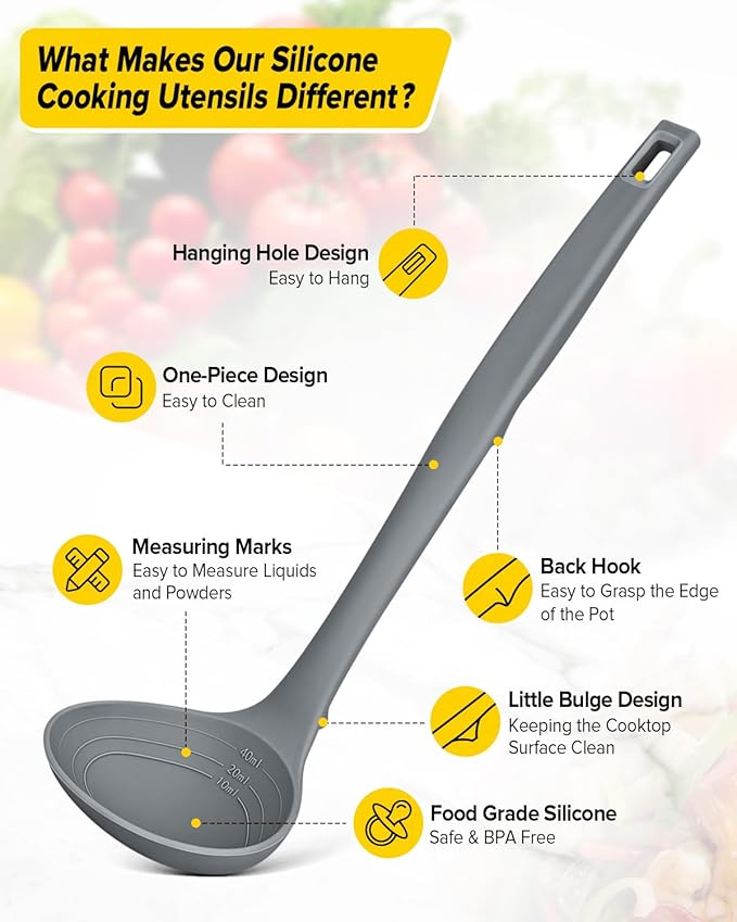 Silicone Pasta Fork and Soup Ladle Set, Heat Resistant Non Stick Kitchen Utensils with Back Hooks, Suitable for Cooking, Stirring, Serving Spaghetti, Soup, Sauce (GRAY)