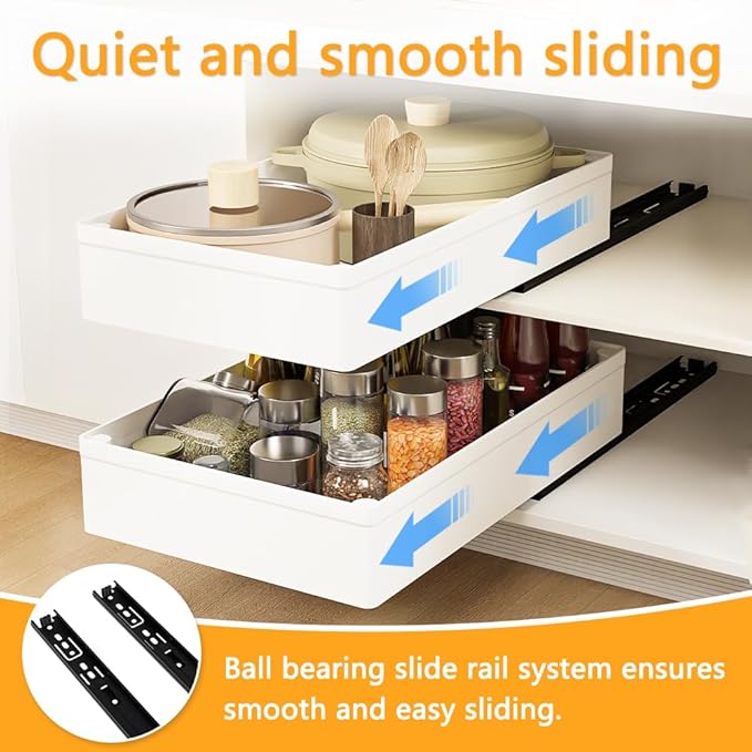 4 Pack Pull Out Cabinet Organizer, 15.8'' Deep Pull Out Drawers for Cabinets with Metal Slides, Slide Out Drawers for Kitchen Fixed with Nano Adhesive, Roll out Shelves for Bathroom, Pantry (White)