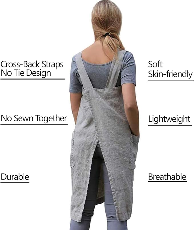 VLZUFE Cotton Linen Apron for women Cross Back Apron Pinafore Dress for Baking Cooking Gardening Work