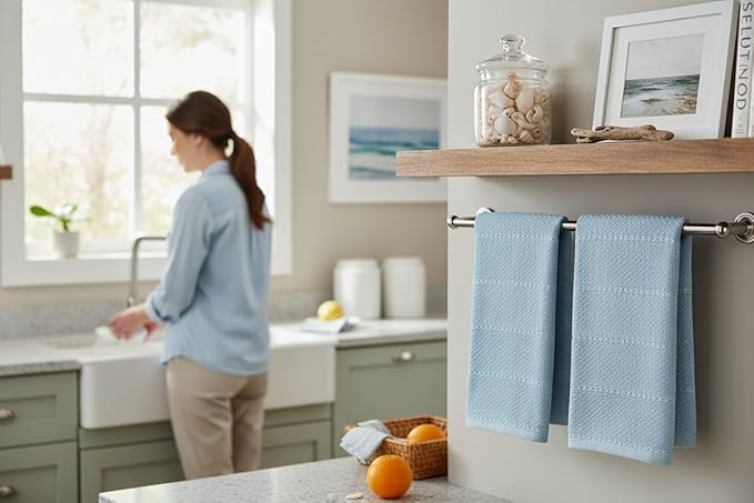 Serafina Home Coastal Sky Light Blue Kitchen Hand Dish Towels: Oversized 28" x 18", 100% Cotton Cloth Soft Cleaning Drying Absorbent Textured Design, Set of 3 Multipurpose for Everyday Use