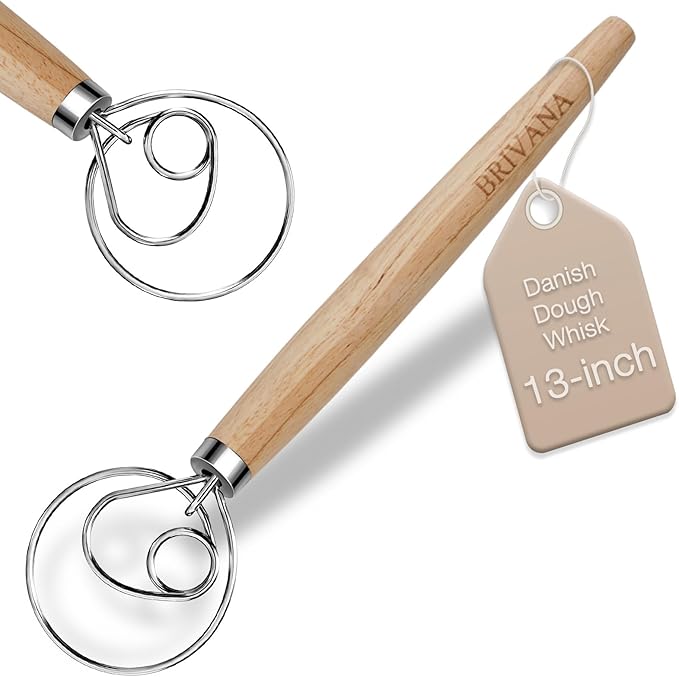 Danish Dough Whisk, Sourdough Bread Whisk with Wooden Handle, 13-Inch Stainless Steel Single Loop Dough Mixer for Bread Making, Pizza Dough, Batter and Pastry