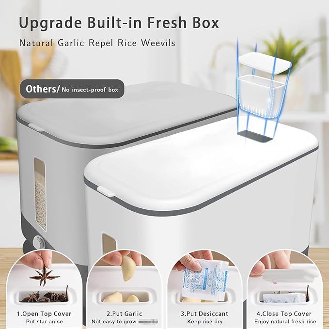 Lenwi 22-25 Lbs Rice Dispenser, Large Cereal Dry Food Storage Containers with Measuring Cup,BPA-Free Household for Kitchen Pantry Organization-Grey