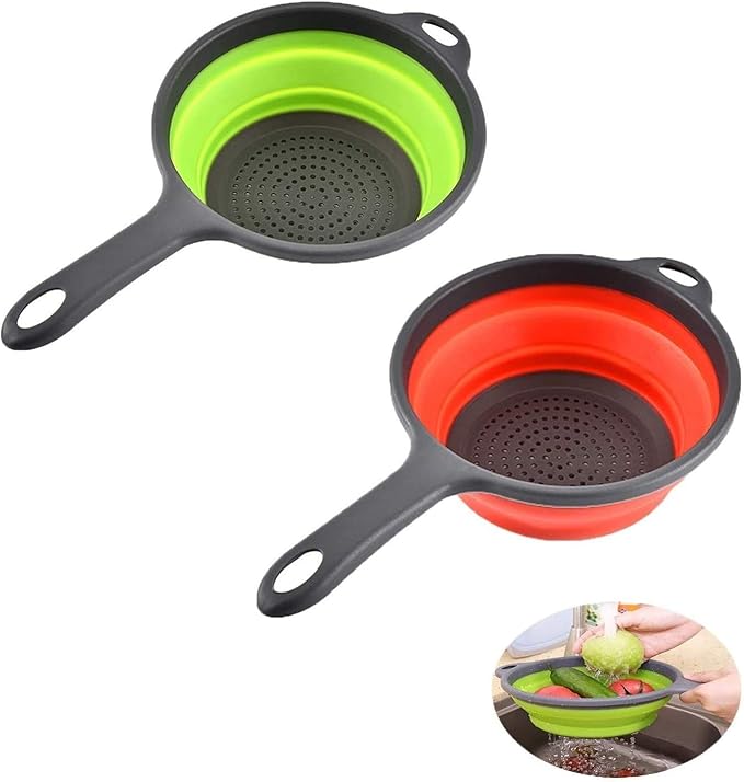 2 Pack Kitchen Foldable Silicone Strainer Colanders, Collapsible Colanders with Handles, Space-Saver Folding Strainer Colander for Draining Pasta, Vegetable (Green and Red)