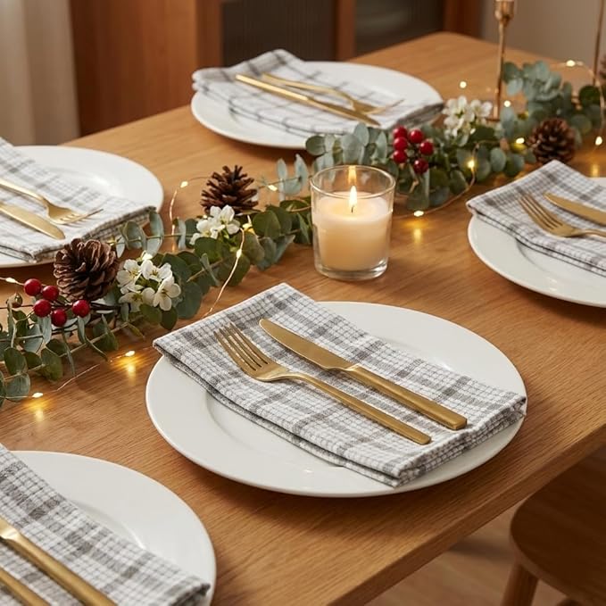 Urban Villa Cloth Napkins 100% Cotton Dinner Napkins Highly Absorbent 20x20 Inches (Set of 12) Tiny Checks Reusable Washable Soft Durable Premium Napkins Ideal for Home Wedding Parties