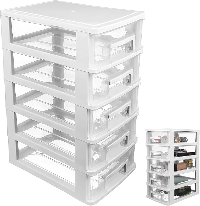 Cabilock 5-Drawer Plastic Storage Cabinet Clear Desktop Organizer Portable Office Storage Case for Craft Supplies and Stationery
