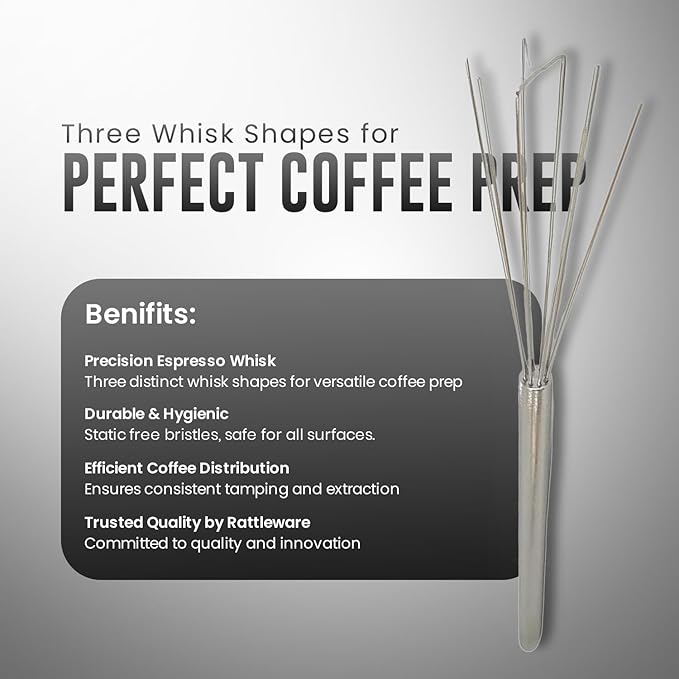 Rattleware Triple-Shape Espresso Whisk – Stainless Steel Portafilter Coffee Whisk, Flat Round Triangular Designs for Coffee Grounds, No Clumps, Specialty Drinks, Barista Tools, Easy Clean
