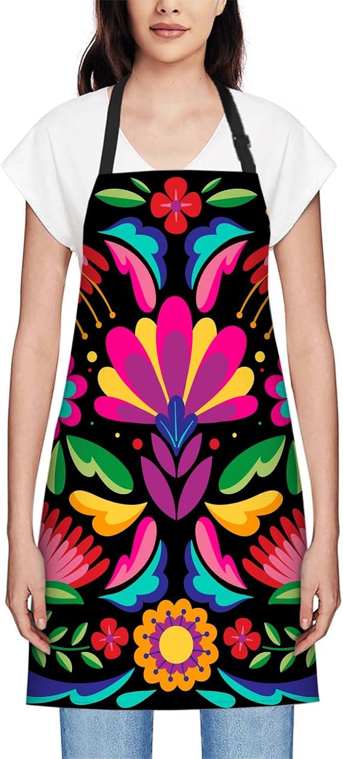 oFloral Colorful Mexican Floral Apron Adjustable Bib Chef Aprons Cooking Apron Unisex Women Men Aprons Perfect for Home Kitchen, Baking, Gardening, Restaurant, Coffee house BBQ