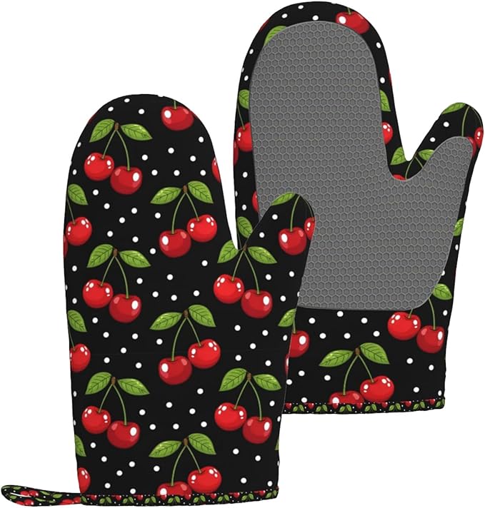 Cherry Print Silicone Oven Mitts Set of 2, Heat Resistant up to 500°F, Kitchen Oven Gloves with Non-Slip Grip and Soft Cotton Lining for Baking, Cooking and BBQ
