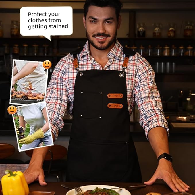 Chef Apron-Cross Back Apron for Men Women with Adjustable Straps and Large Pockets,Canvas