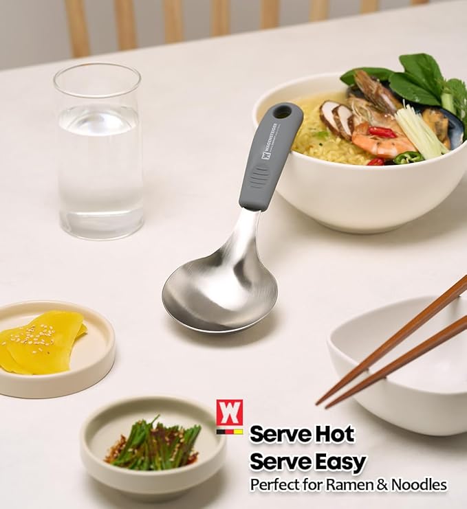 Short Stainless Steel Ladle 220mm (8.6”) – SUS304 Thick Deep Bowl Head with Soft-Grip Silicone Handle – Lightweight Mini Soup & Serving Spoon for Cooking – 5 Color Options (Gray)