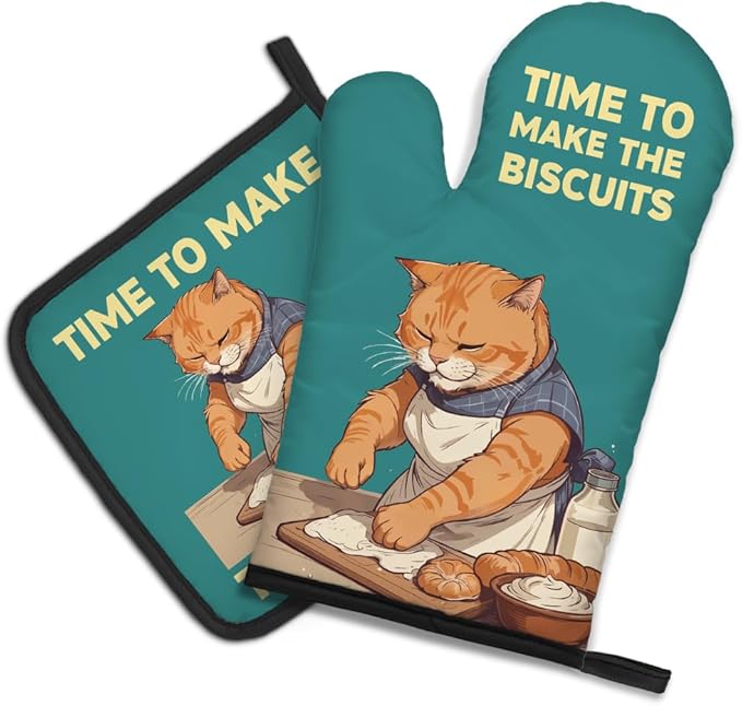 DYJYBMY Time to Make The Biscuits Funny Cat Oven Mitts and Pot Holder Set, Cute Kitchen Gadgets for Pet Lover, Housewarming Gifts for Cat Mom Dad, Bake Lover Gifts for Mom Dad Wife Husband BFF (LLS)