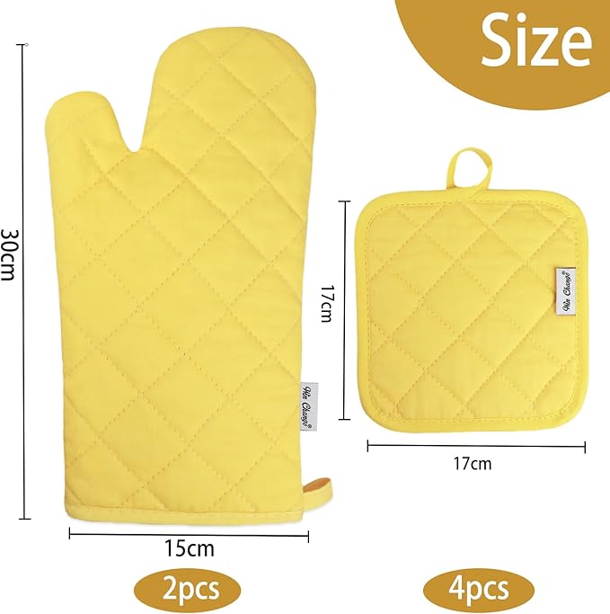 Oven Mitts and Pot Holders Sets,6 Pcs Oven Mitts and Potholders with Recycled Cotton High Heat Resistant Extra Thick Long Oven Mitts for Cooking(Yellow)