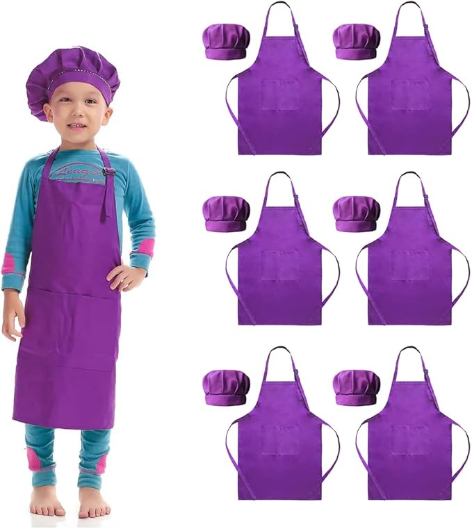 6 Pack Adjustable Kids Apron and Chef Hat for Cooking Baking Painting Art, Kids Apron for Girl Boy with 2 Pockets