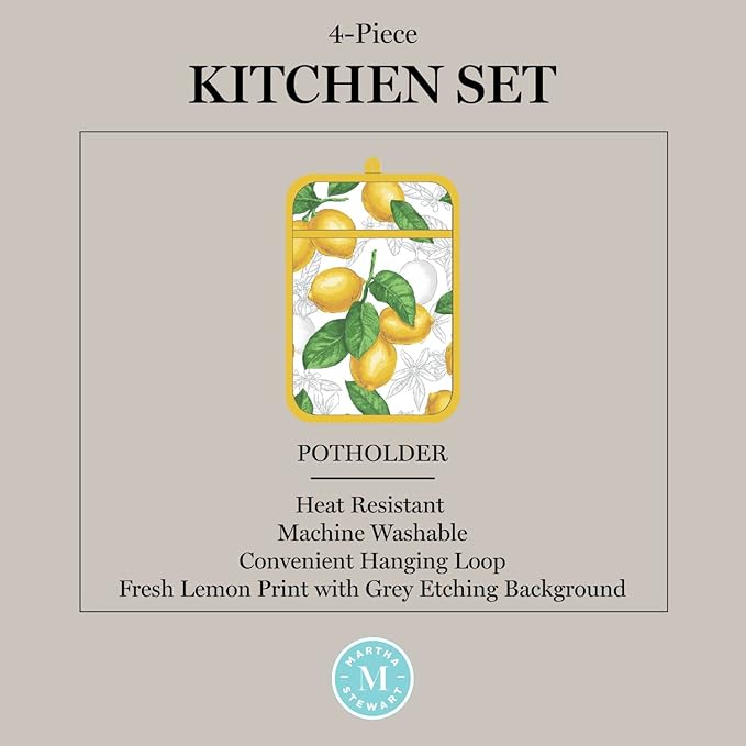 Martha Stewart Lots of Lemons Modern Kitchen Towel, Oven Mitt & Potholder Set, 4-Pack, White-Yellow