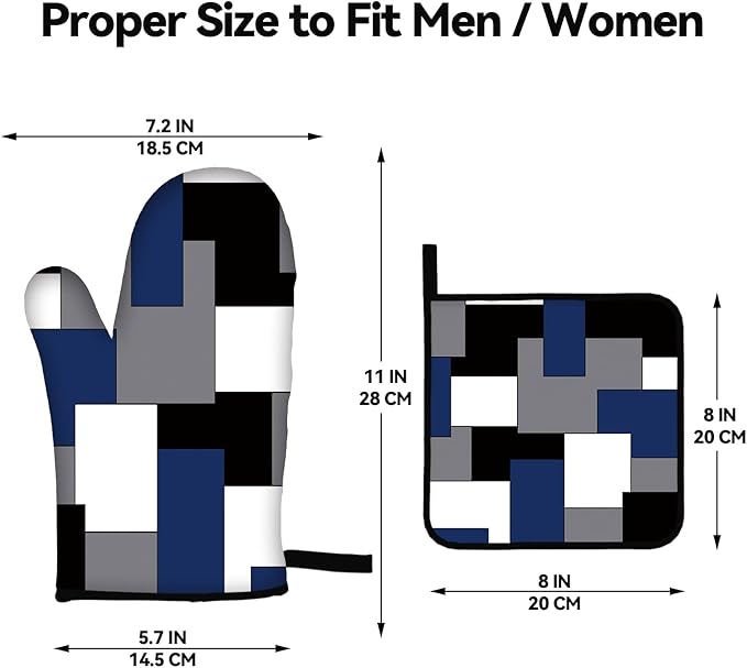 Blue Black Grey Oven Mitts and Pot Holders Sets of 4 Geometric Oven Mitts Oven Gloves Pot Holders and Oven Mitts for Kitchen Baking Cooking Grilling (Blue)
