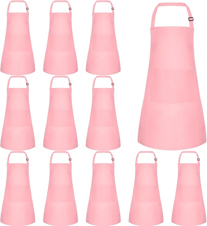 12 Pack Kids Apron Bulk with 2 Pockets Adjustable Chef Art Apron Kids Painting Aprons for Cooking Baking Painting Crafting Grilling Activity（Pink）
