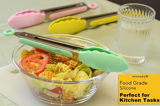 HINMAY Stainless Steel Kitchen Cooking Tongs with Silicone Tips 9-Inch Serving Tongs, Set of 3 (Mint Pink Yellow)