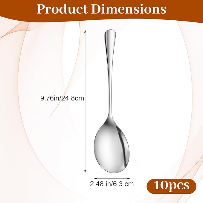 10 Pcs Large Serving Spoons Set, 9.76 Inches Stainless Steel Spoons Solid Silver Serving Utensils Big Ladle Tablespoons for Parties Buffet Catering Banquet Kitchen Basics Dishwasher Safe