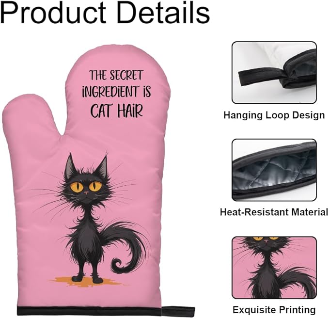 DYJYBMY The Secret Ingredient Is Cat Hair Pink Oven Mitts and Pot Holder Set, Cute Cat Kitchen Gadgets for Women Cat Lover, Housewarming Gifts for Cat Mom Hostess, Baking Gifts for Mom Aunt Sister BFF