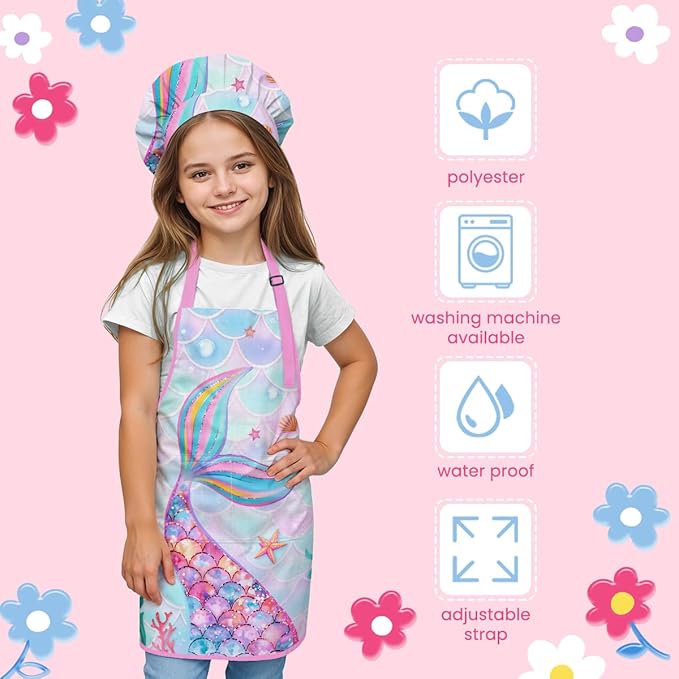 SANDJEST Kids Apron with Chefs Hat Set, Kitchen Apron Gifts