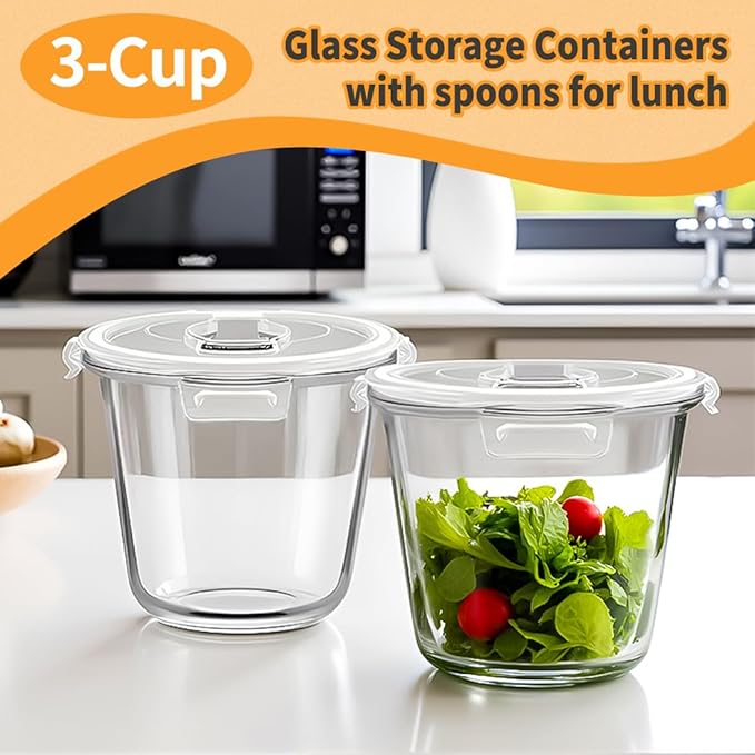H.JSS WDJS 24oz Round Glass Soup Containers with Lids and Spoons, 3Cup Glass Food Storage Containers Set, BPA-Free Meal Prep Bowls with Lids for Leftover, Microwave, Dishwasher, Fridge Safe (4-Pack)
