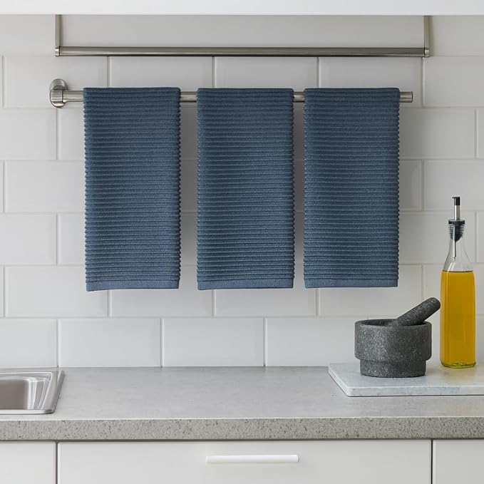 Serafina Home Slate Blue Gray Grey Kitchen Hand Dish Towels: Oversized 28" x 18", 100% Cotton Cloth Soft Cleaning Drying Absorbent Ribbed Design, Set of 3 Multipurpose for Everyday Use