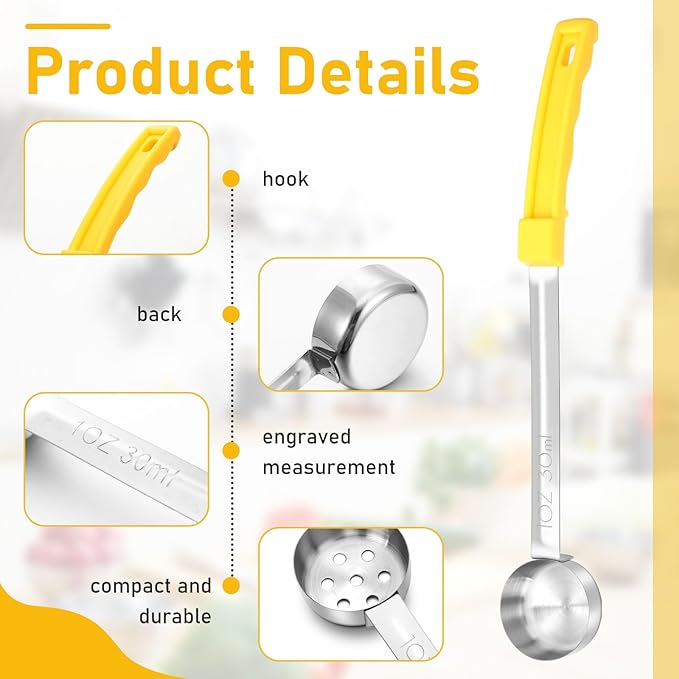 Teenyyou 8 Pcs Portion Control Serving Spoons Portion Scoops Cups Solid and Slotted Stainless Steel Ladle Spoon for Food, Serving Utensils Set for Parties (Yellow,1 oz)