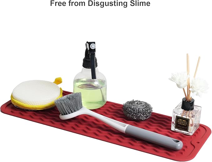 ZLR Silicone Sponge Holder & Sink Caddy Tray (6" x 17") - Narrow Dish Drying Mat for Kitchen Counter - Waterproof Soap Dispenser Organizer, Non-Slip Bathroom Vanity Tray (Lava Red)