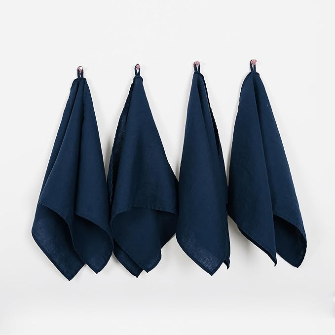 100% Linen Tea Towels - 14 x 28 Inch Pure French Linen Kitchen Dish and Hand Towels (Set of 4) (Navy)