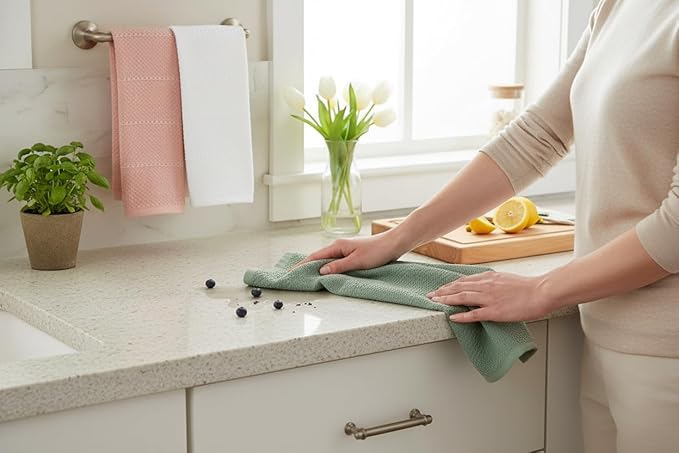 Sage White Light Pink Kitchen Hand Dish Towels: Oversized 28" x 18",100% Cotton Cloth Soft Cleaning Drying Absorbent Textured Design, Set of 3 Multipurpose for Everyday Use - Natural Collection