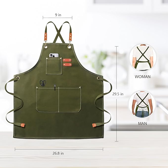 OUNLEN Chef Apron for Men Women Canvas Aprons with 3 Pockets Cross Back Resistant Work Apron for Cooking