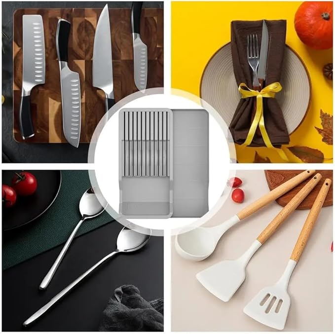 RIIPOO Expandable Knife Organizer for Drawer - Retractable and Adjustable Knife Block Holder Insert, Secure Storage Tray for Kitchen Countertop Organization