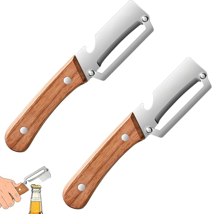 2 Pack Multifunctional Vegetable Peeler, 2-in-1 Kitchen Peeler with Bottle Opener, Wooden Handle & Stainless Steel Blade, for Potato, Carrot, Fruit, Pumpkin, Papaya & More