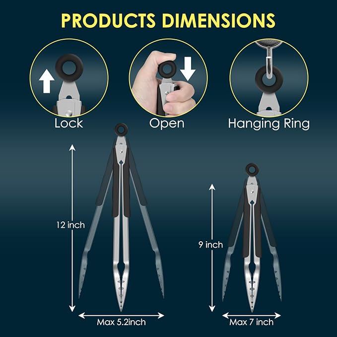 Hotec Stainless Steel Kitchen Tongs, Set of 2-9" and 12", Locking Metal Food Tongs for Cooking, Serving, BBQ, Grill Non-Slip Grip