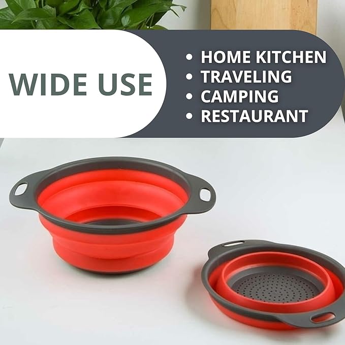Red Round Silicone Collapsible Colander – Silicone Round Kitchen Strainers with Plastic Handles Foldable Kitchen Strainer Small Perfect for Draining Pasta Vegetable and Fruit