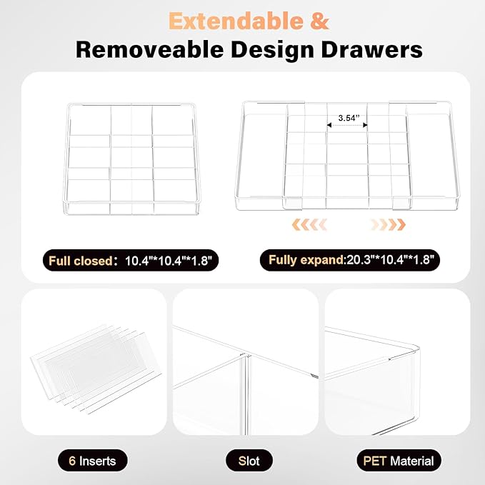 Acrylic Expandable Desk Drawer Organizer with 11 Adjustable Compartments and 6 Removable Dividers Desk Accessories for Office Kitchen Bathroom Makeup and Utensil Junk Storage (Clear, 1Pc)
