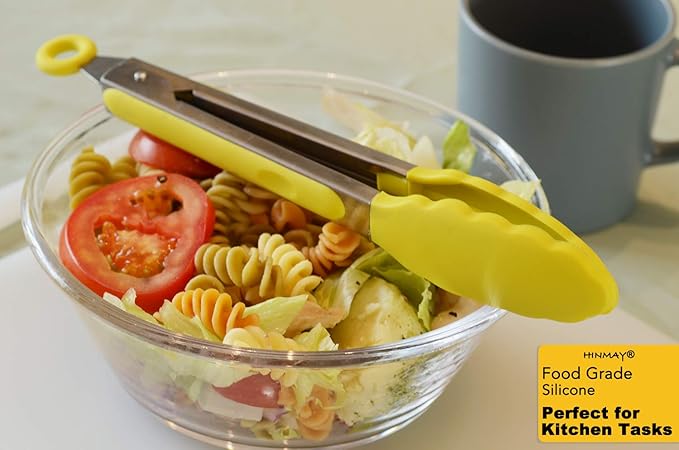 HINMAY Silicone Tipped Tongs 9-Inch Kitchen Cooking Tongs, Set of 3 (Yellow)
