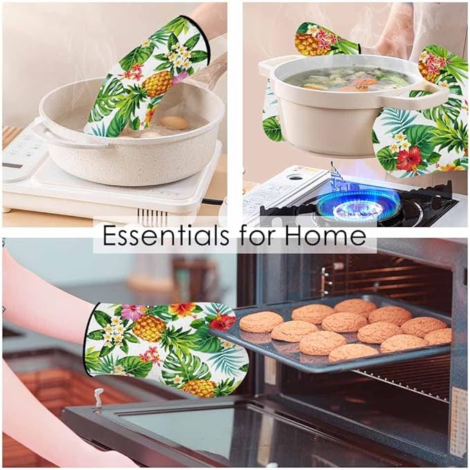 Tropical Pineapple Oven Mitts and Pot Holders Sets Palm Tree Flower Fruit Heat Resistant 3pcs for Cooking Baking BBQ