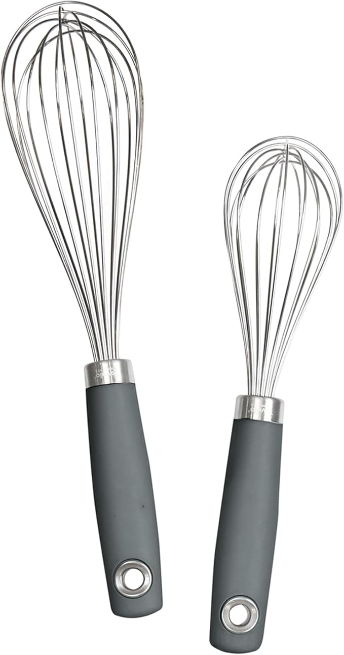 Tovolo Wire Whisk Set of 2 for Baking Cooking Mixing Whisking, 10" & 12" Inch Stainless Steel Wire Kitchen Whisk Set Balloon Design Sturdy Comfort Grip Handle BPA Free Dishwasher Safe, Charcoal Gray