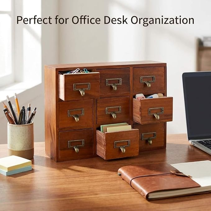 QWORK Desk Drawer Organizer, Wooden Vintage Apothecary Cabinet with 9 Drawers, Home Office & Tea & Dresser Bedroom Organization and Storage, Traditional Apothecary Cabinet