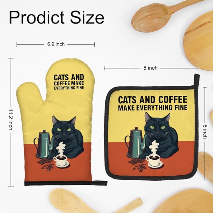 DYJYBMY Cats and Coffee Make Everything Fine Funny Cat Oven Mitts and Pot Holder Set, Funny Kitchen Gadgets for Women Coffee Lover, Bake Lover Gifts for Hostess, Cat Lover Gifts for Mom Sister BFF